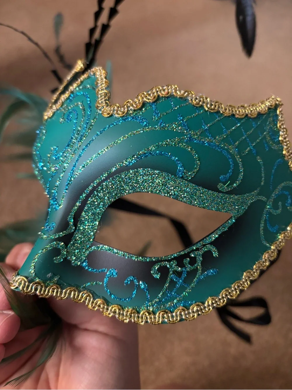 Teal Feathered Masquerade Mask with Gold Trim